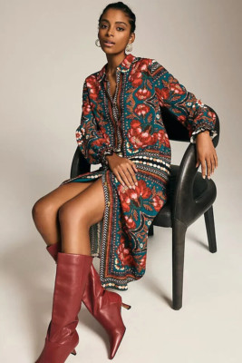 Anthropologie Farm Rio Floral Shirt Dress Moroccan Shirtdress Green Size XS NEW