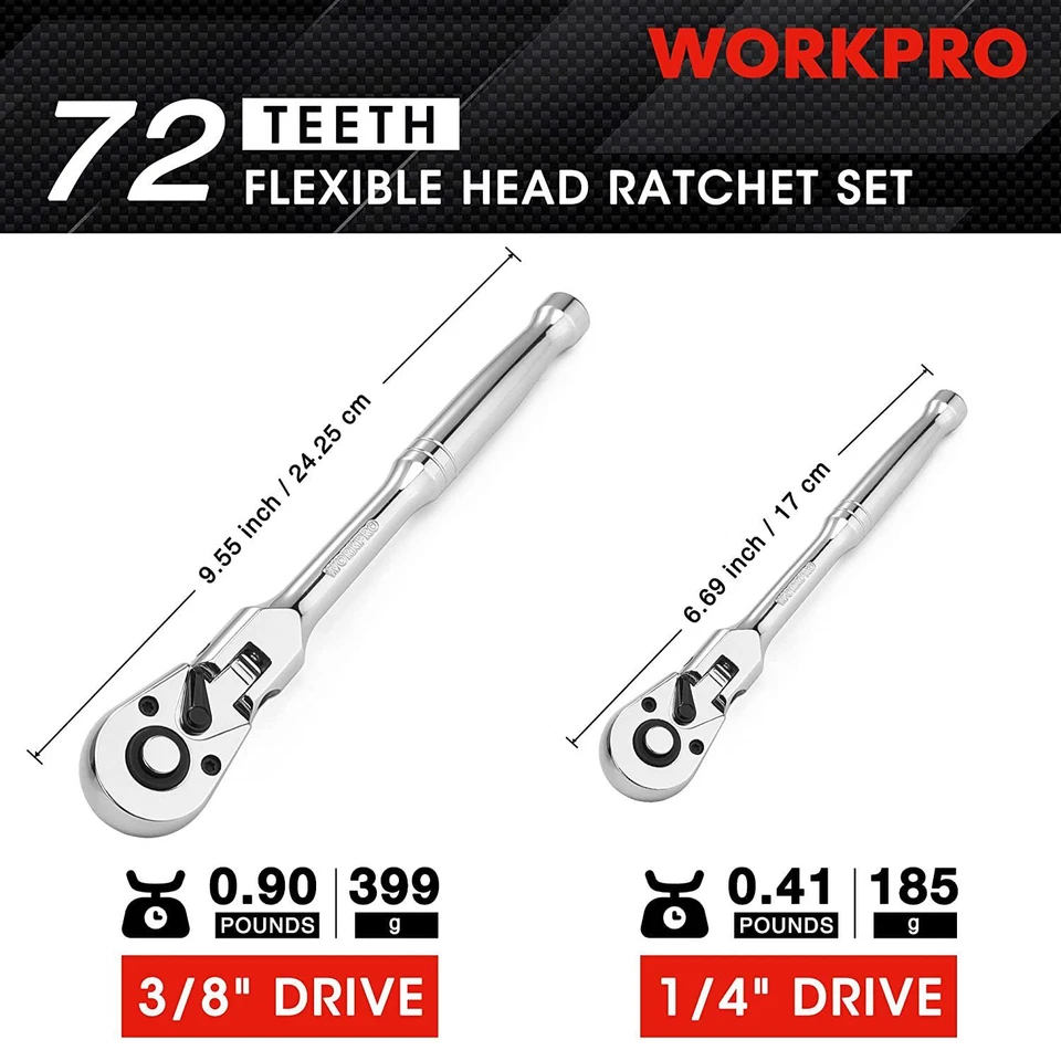 WORKPRO 2PC 1/4" 3/8" Drive Flex Head Ratchet Set 72-Tooth Ratchet Quick Release - Image 4 of 4