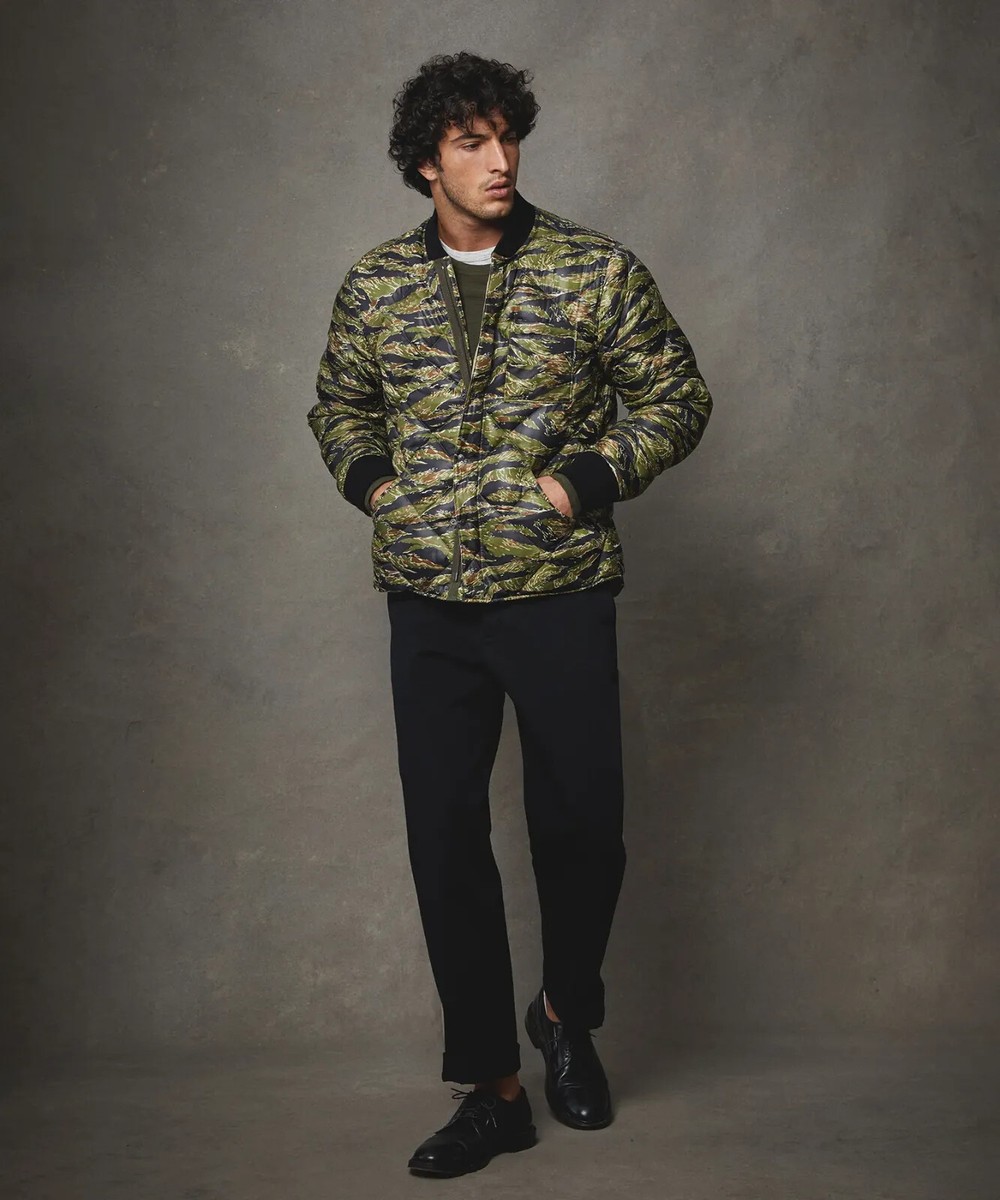 Todd Snyder Japanese Quilted Down Snap Bomber Jacket Tiger