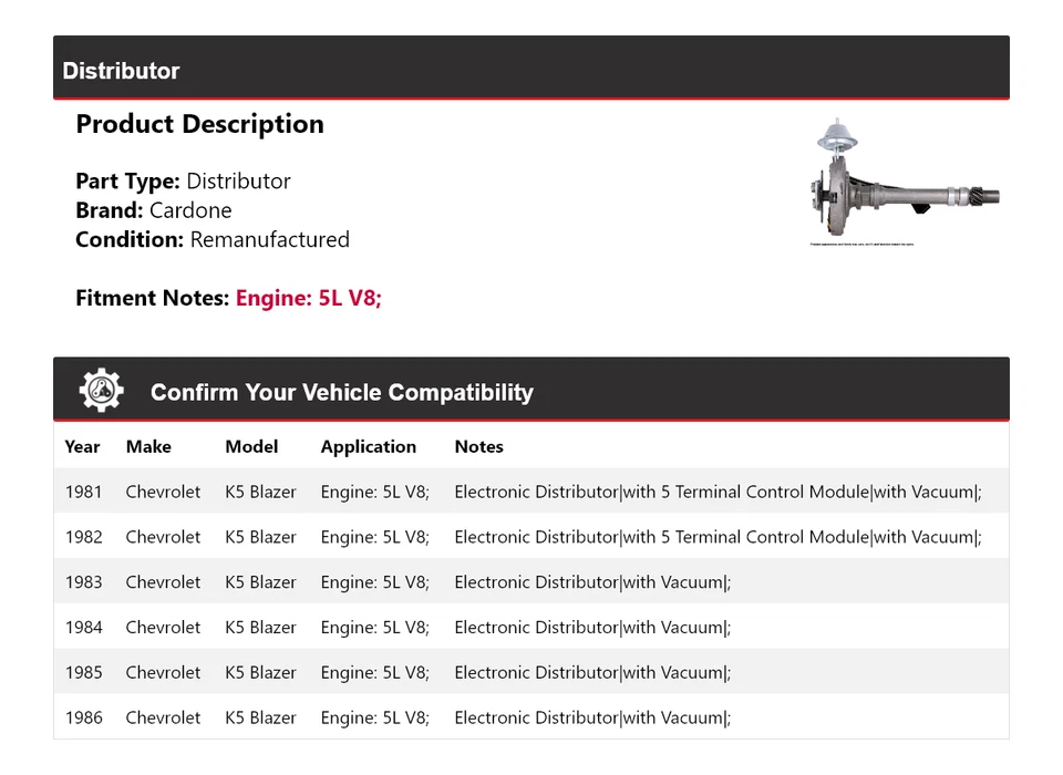 Para Chevrolet K5 Blazer 1981-1986 5L V8 Distribuidor Cardone 1982 1983 1984 1985 Foto 2 de 4