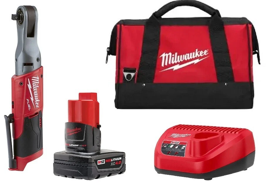 Milwaukee 2557 20 M12 3 8 Ratchet Wrench with 4.0 Battery Charger and Tool Bag