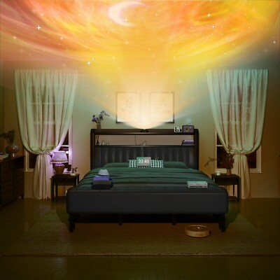 #ad #ad Full Queen Bed Frame with Upholstered Headboard＆Galaxy Aurora Star Projector $189.99