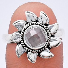 White Quartz Checker 925 Sterling Silver Ring Size 8.5 7mm R-1617