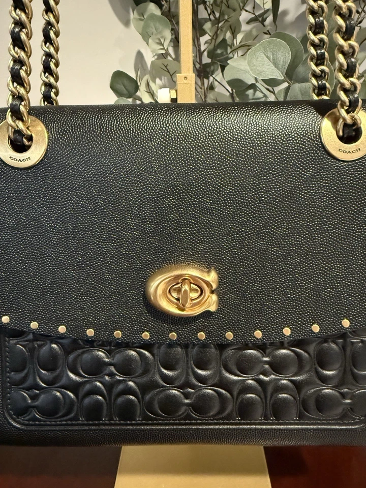 Coach Parker In Signature Leather with Rivets Turnkey Black Shoulder Bag Purse - Image 3 of 4