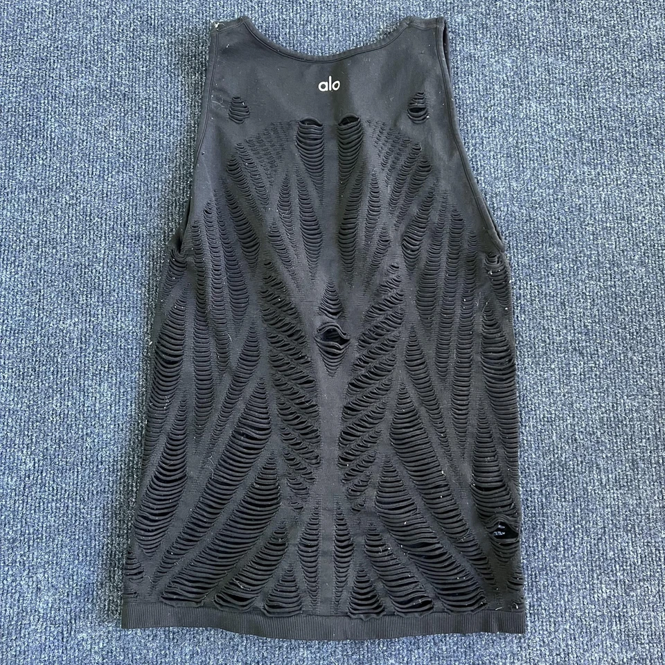 Alo Yoga Tank Top Womens Small Black Laser Cut Distressed Workout Shirt - Image 2 of 4