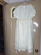 Vintage Girls Baptism Cream Dress with Ribbon Details and Puff Sleeves Size 12