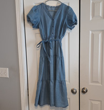 G. Kale Petite PM Blue Denim V-Neck Button Front Puff Sleeve Midi Dress