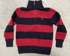 Polo Ralph Lauren Sweater Boys Small 8 Red Navy Rugby Stripe 1/4 Zip Cotton Pony