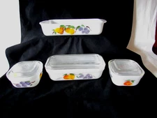 Fire King Gay Fad 1qt. (1 Loaf Pans  &  (1) 1 1/2qt. 410 Baking/2 Refrig W/Cov.