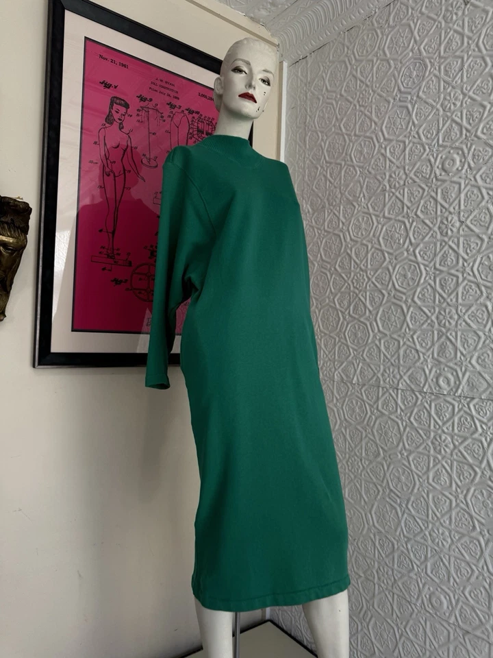 Vintage Benetton Green Knit Dress-Sweatshirt-1980s-Lounge-Turtleneck-Holiday-S/M - Image 2 of 4
