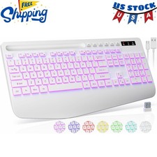 Wireless Keyboard with 7 Colored Backlit, Wrist Rest, Phone Holder, White