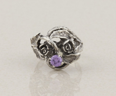 Sterling Silver Modernist Free Form Rose Flower Purple CZ Ring Size 7