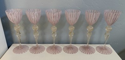 Antique Venetian Art Cordial Glass Pink Zanfirico Lattice Gold Italy - Set of 6