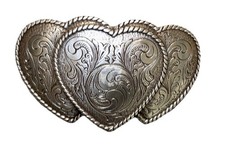 Silver Toned Western Buckle Triple Hearts 4  X 2.25  