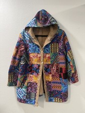 Patchwork Fuzzy Hooded Sherpa Jacket Coat Sz 0X Fits Smaller Colorful Pockets