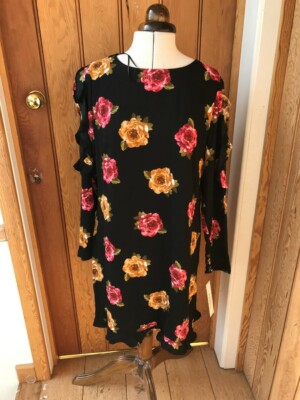 Nicole Miller Studio schwarz Rosendruck rosa gelb Kleid Spitzenärmel 12 14 neu mit Etikett