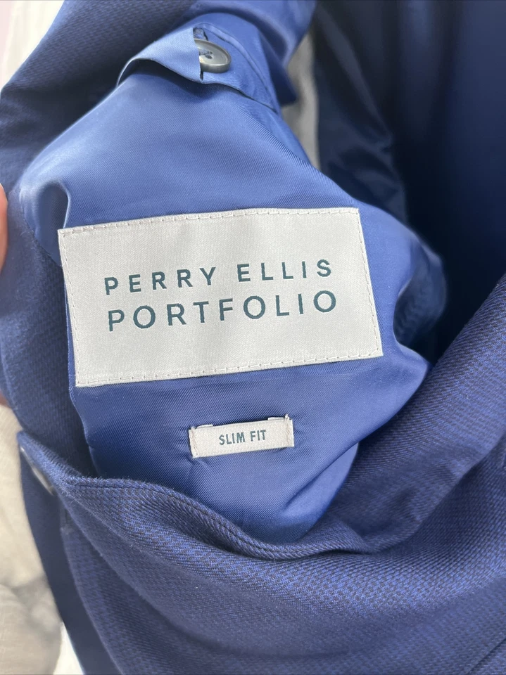 Blazer Perry Ellis Portafolio Para Hombres Talla 44 R Azul Cuadros Dos Botones Calce Ajustado Chaqueta Foto 2 de 4