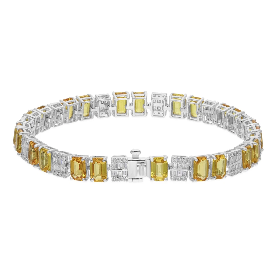 18.10 TCW Real H/SI Diamond Yellow Sapphire 14k White Solid Gold Charm Bracelet Foto 4 de 4