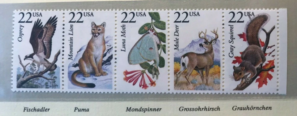 USA 1987 5er-Streifen Fischadler Puma Hirsch Mondspinner Hörnchen postfrisch - Bild 1 von 1