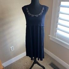 Ann Taylor Loft Summer Dress Size Med P Navy Blue Jeweled Sparkle Gems D1