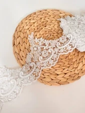 Off white Alencon Lace Trim Cord Lace Fabric Embroidered Scalloped Border Ivory