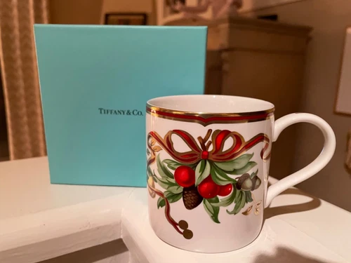 Tiffany & Co HOLIDAY Mug; 8 oz, 3 3/8” high; in blue Tiffany box.