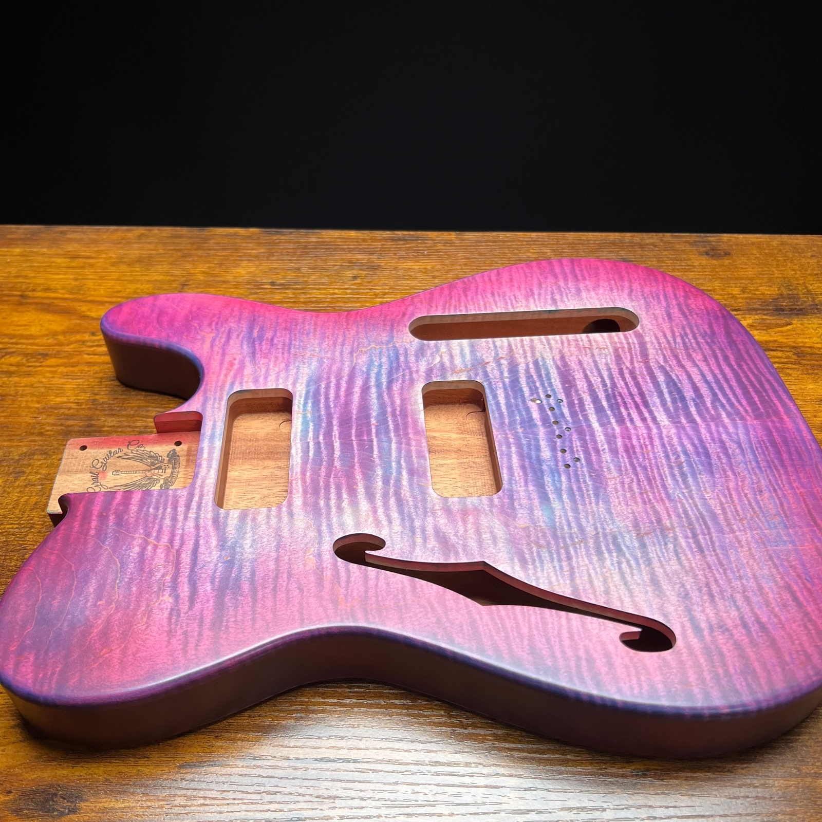 Holy Grail Guitars Tele Style Guitar Body “Purple Flames”Flamed Maple p90
