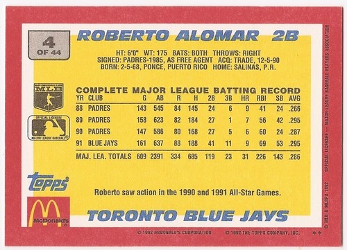 1992 Topps McDonald's Baseball's Best #4 Roberto Alomar Toronto Blue Jays - Picture 2 of 2