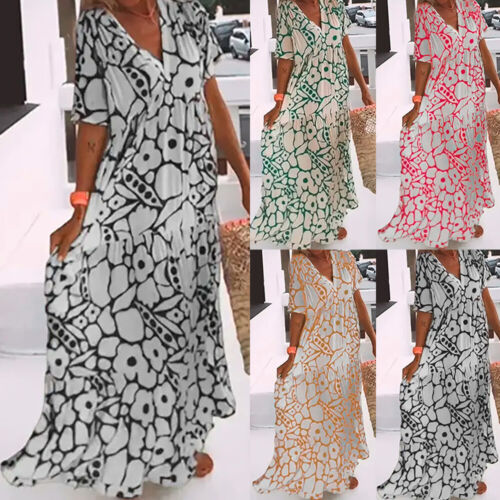 Womens Printed Pullover V-Neck Short Sleeve Straight Maxi Long Dress Beach Dress