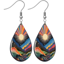 Celestial Sky Teardrop Earrings Sun Moon Mountains Starry Sky Dangle Silver