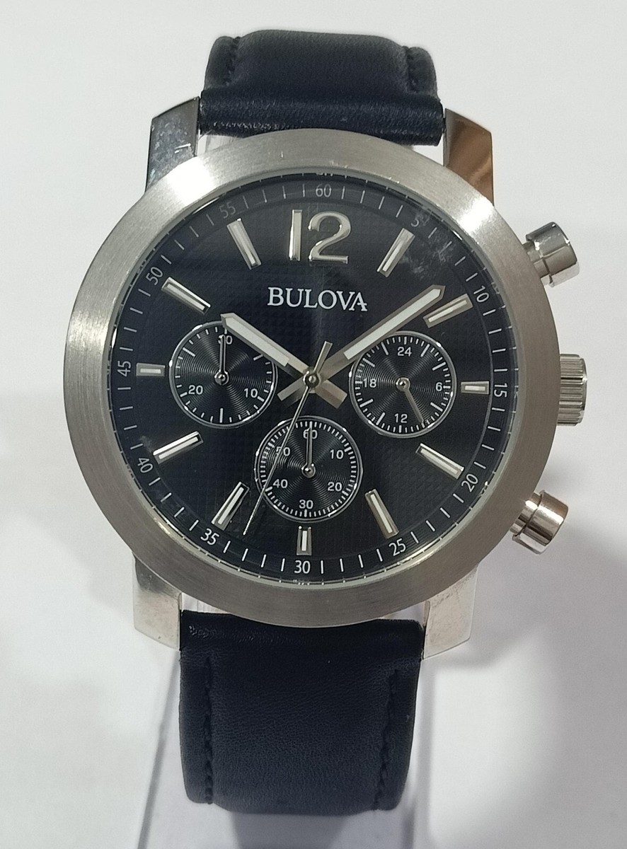 BULOVA BLACK DIAL CHRONOGRAPH LEATHER STRAP STAINLESS STEEL MEN'S