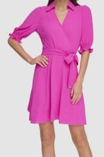 DKNY Women's Purple Collared Tie-Waist Dress Petite Size 8P