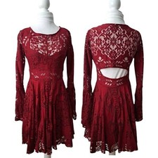 Free People Rich Red Lace Lovers Folk Song Dress Bell Sleeve Cut Out Boho Mini 2