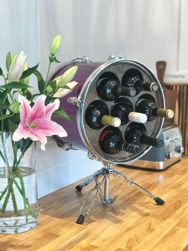Upcyklingowany bęben tom tom drewniany okrągły stojak na wino ze stojakiem wybór kolorów / wykończenia - Zdjęcie 1 z 11