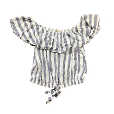 Hem & Thread Rayon Off the Shoulder Top Women's Large Faux Front Tie Striped