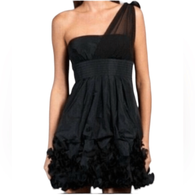 BCBGMAXAZRIA Black One Shoulder Mini Cocktail Dress with applique flowers  Size 0