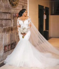 Plus Size Mermaid Wedding Dresses Sheer Neck Dress Long Sleeves Bridal Gowns