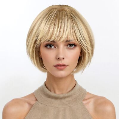 Ombre Golden Brown Wigs Human Hair wig with Bangs for Women Remy Human Hair Wigs