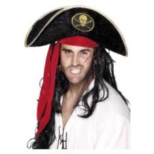 Pirate Hat Adult Black Skull and Crossbones with Attached Red Scarf