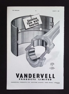 Original 1953 Advert Vandervell Genuine Thin Wall Bearing Engineering