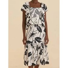 Farm Rio Black Off-White Graphic Leaves Midi Dress Smocked Ruffle