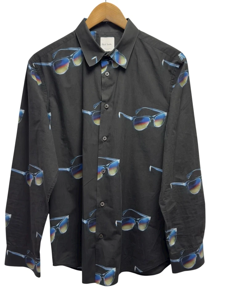 Óculos de sol Paul Smith masculino tamanho grande preto botão gráfico frontal camisa L/S Itália - Imagem 2 de 4