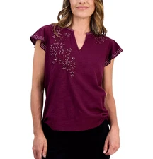 Style & Co Cotton Embroidered Flutter-Sleeve Knit Top 1X NWT Deep Cranberry