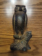 1900s Cast Iron BE WISE / SAVE MONEY Owl Shape Figural Still Bank A. C. WILLIAMS