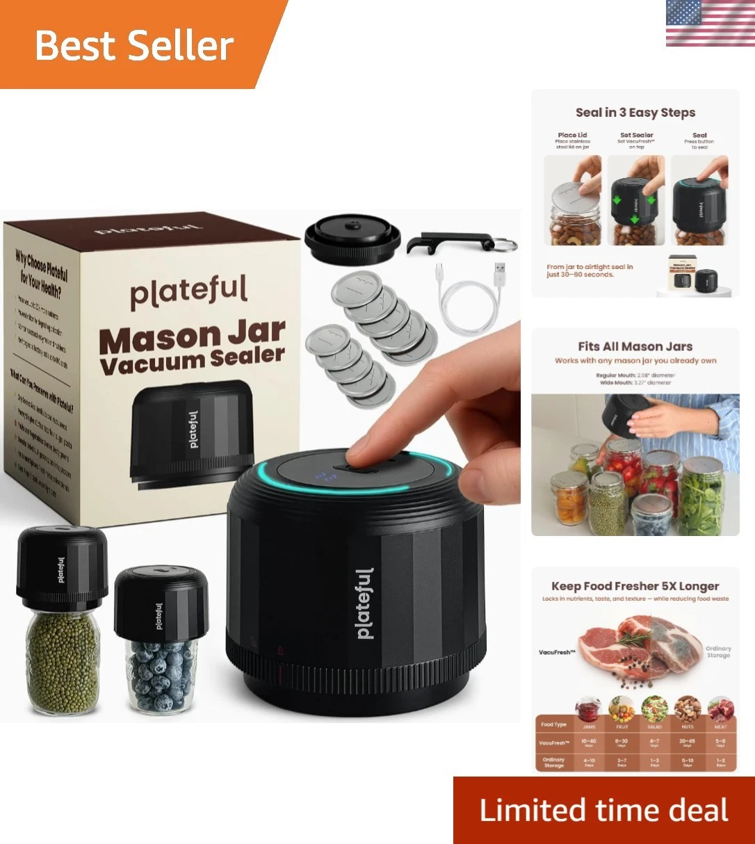 Electric Mason Jar Vacuum Sealer Kit Lids Included For Wide Mouth And Regular...