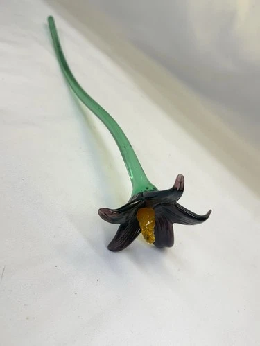 Vtg Murano Style Hand Blown Glass Purple Lily Flower Art Glass with Long Stem