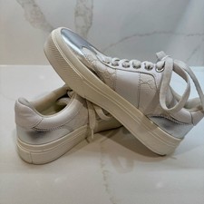 J/Slides NYC Metallic Silver Trim Platform Sneakers White Lace-Womans-Size 5