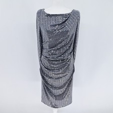 R M Richards Sequined Ruched Cowl Neck Sleeveless Midi Dress Size 12 Gray Silver