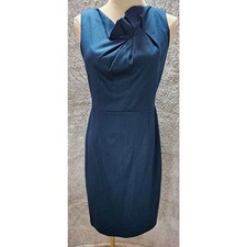 Elie Tahari Sheath Dress Navy Blue Asymmetric Bow Neckline Womens 10 Excellent