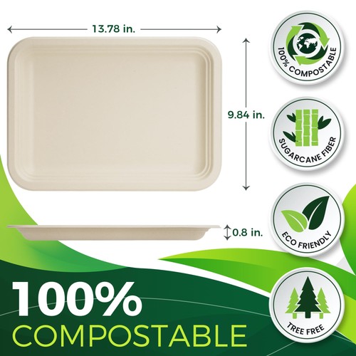 50 Pack Brown 14" Heavy Duty Disposable Rectangle Food Trays, Compostable Ext... - Picture 2 of 7